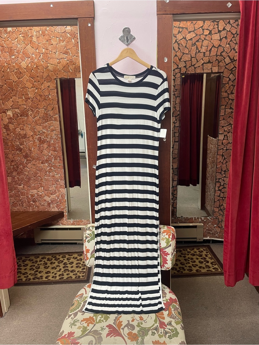 Michael Kors Black and White Striped Short-Sleeve Maxi Dress
